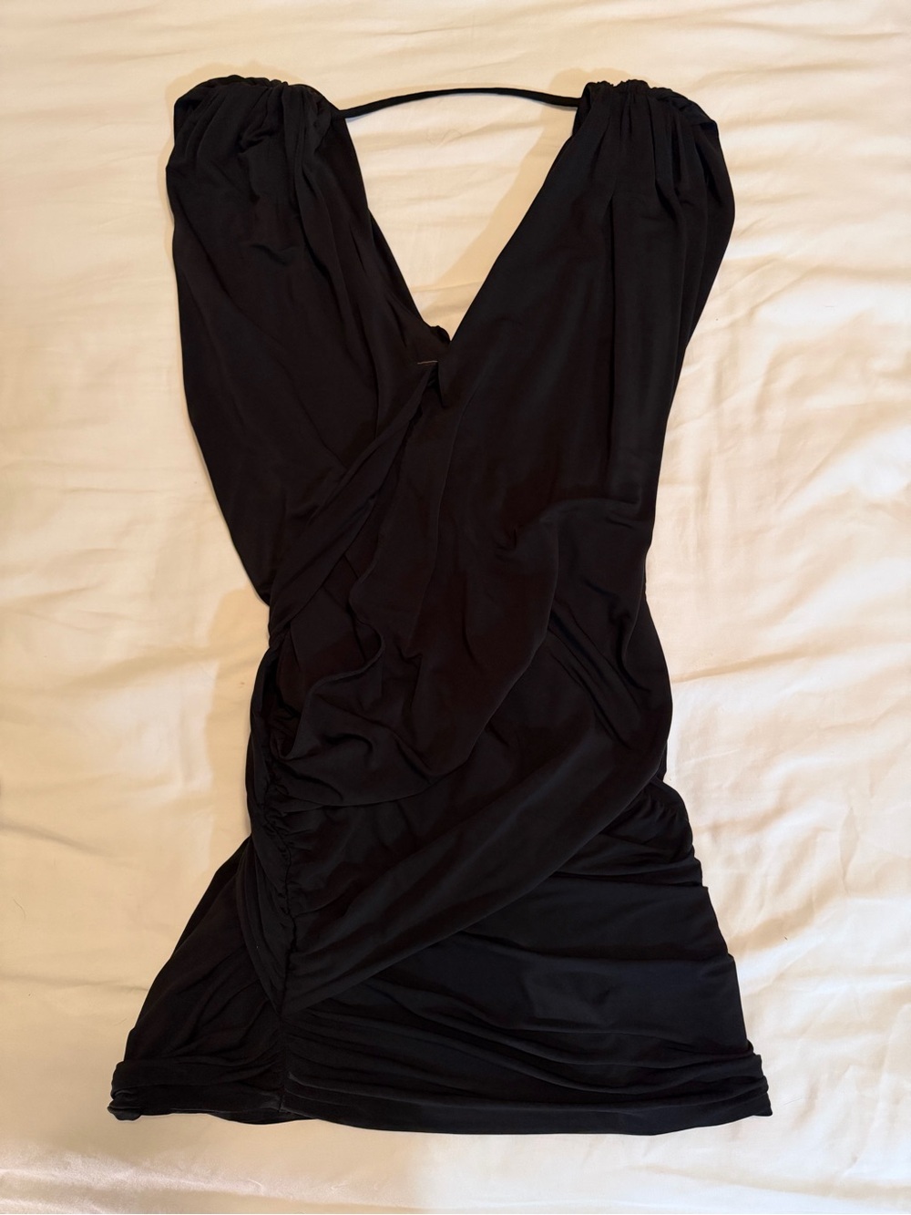 BCBGMAXAZRIA Alondra Black Ruched V-Neck Mini Dress Size S Cap Sleeve
